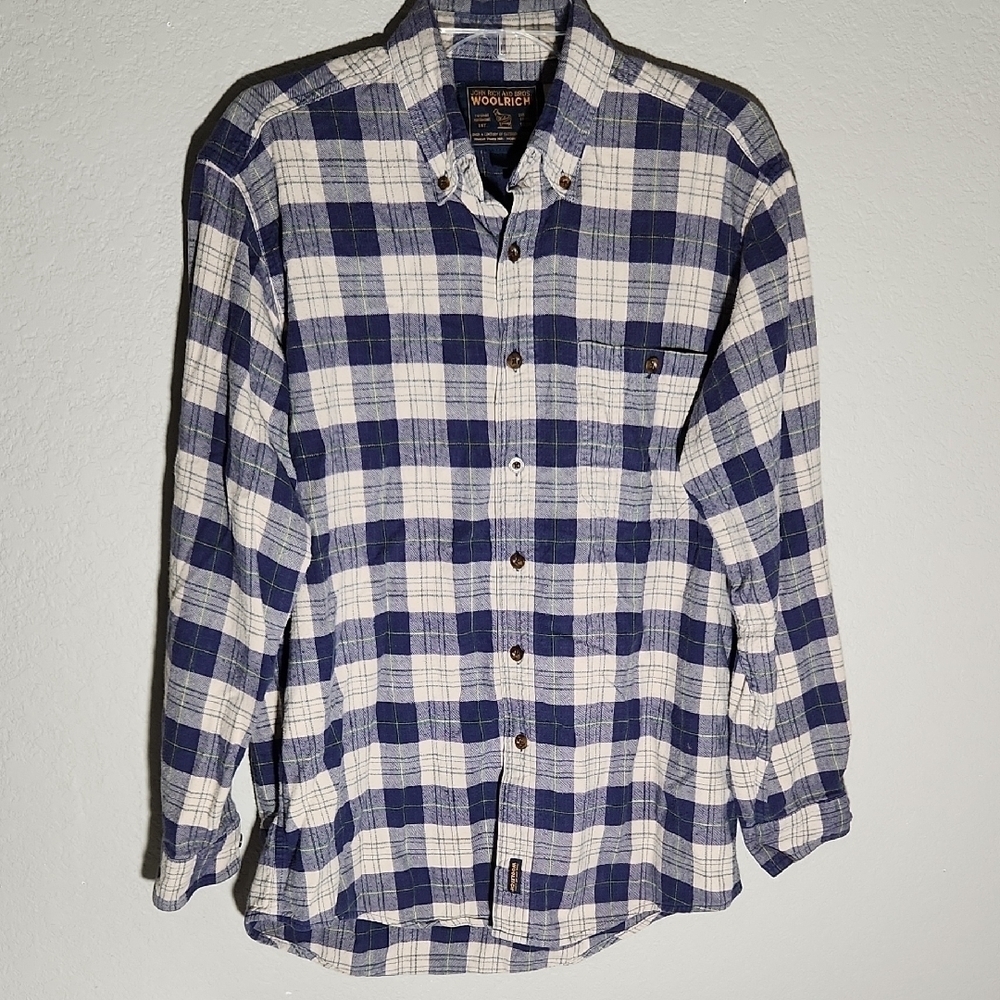 Woolrich John Rich and bros Shirt Men's Blue White Plaid Medium Vintage Timeless